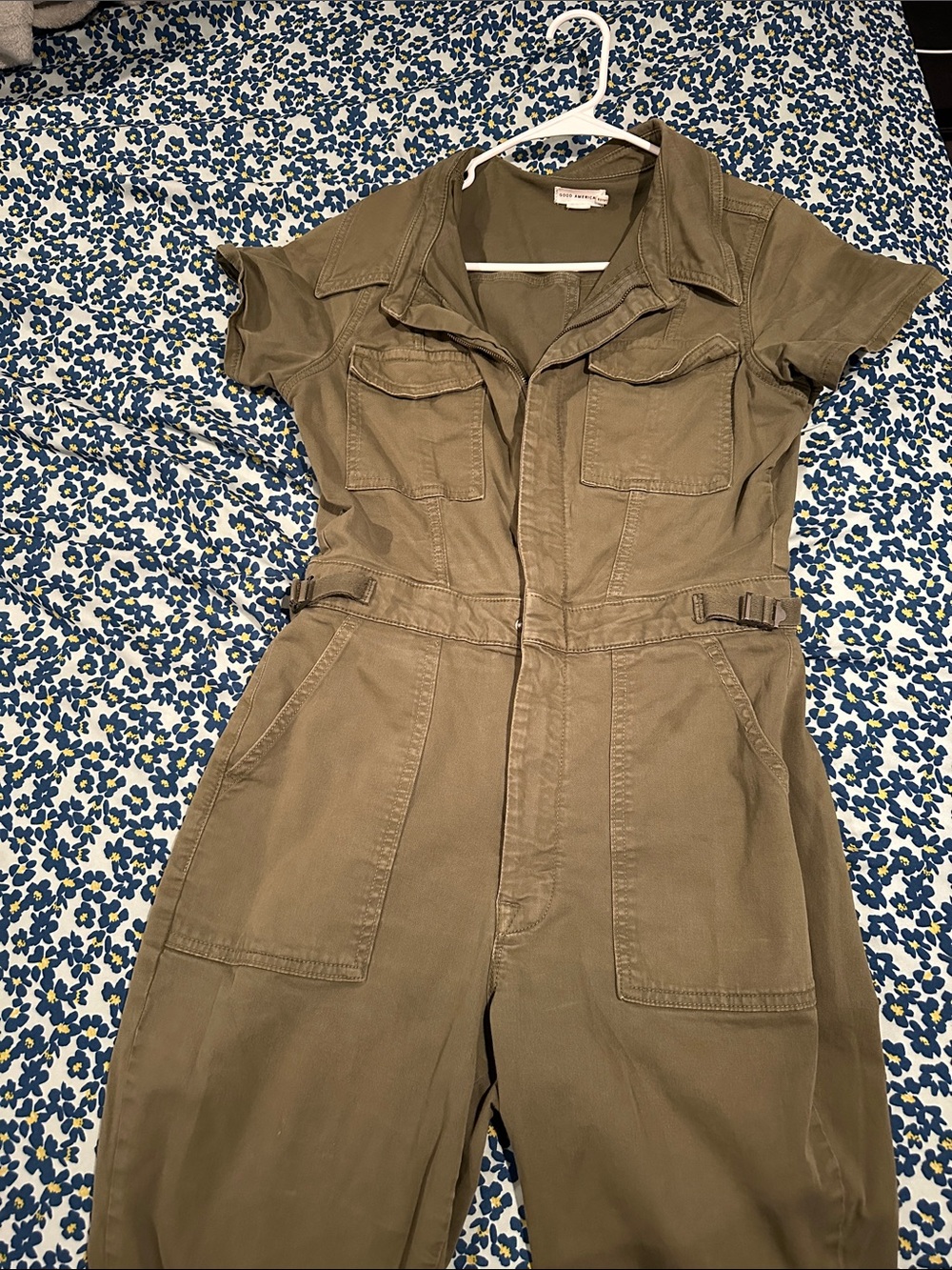 Good American Olive Short-Sleeve Utility Jumpsuit